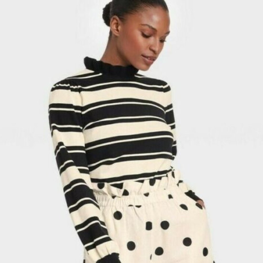 Who What Wear Womens High Neck Pullover Sweater Top Striped  Long Sleeve NWT